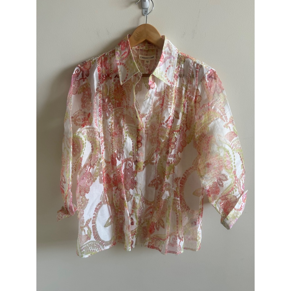 Coldwater Creek Pink Green Paisley Pintuck Sheer Blouse 3/4 Sleeve Size M